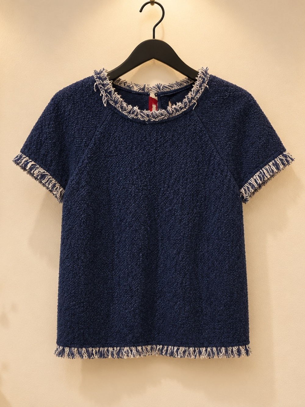 Papermoon Navy Bouclé Short-Sleeve Top with Contrast Fringe